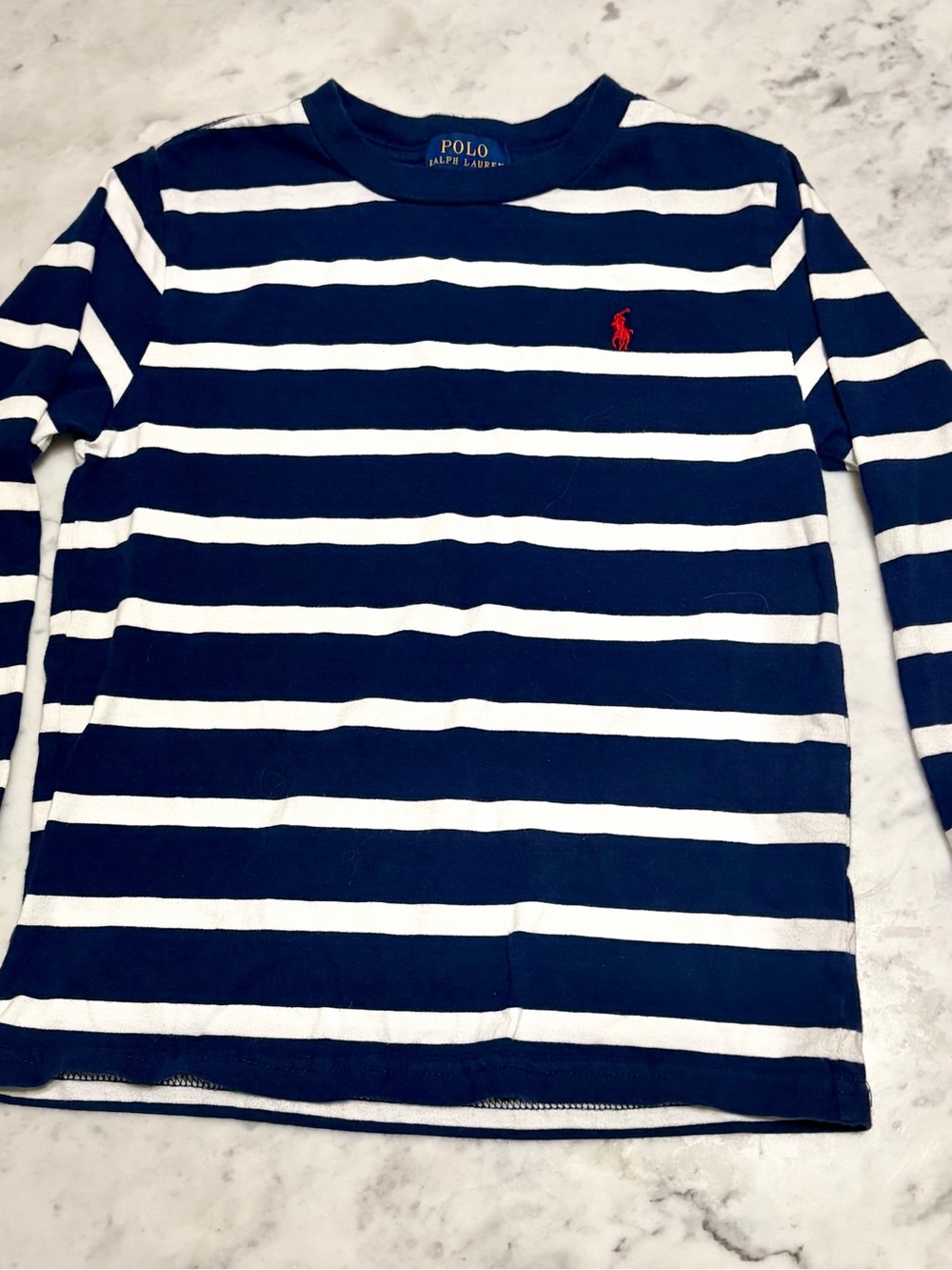 Polo by Ralph Lauren Navy & White Striped Long Sleeve Shirt with Red Pony